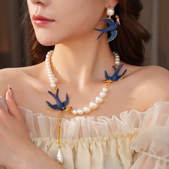 Blue Bird Pearl Drop Earrings - Picture 4 of 4